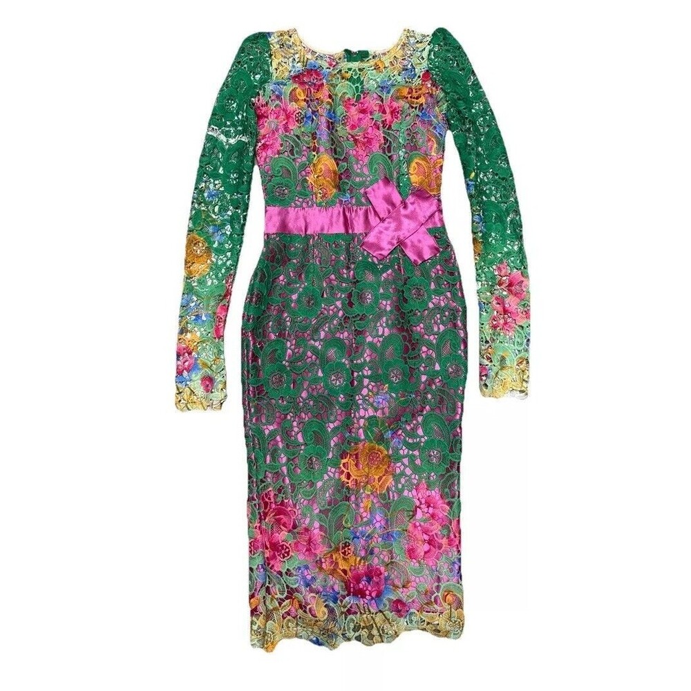 Handmade macramé floral bright green satin lace midi dress S whimsical fairy